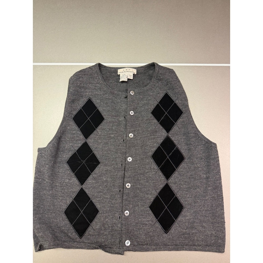 AKA Eddie Bauer Gray Wool Argyle Sweater Vest Velvet Diamonds Large